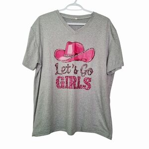 Let's Go Girls Light Gray Tee with Pink Hat and gllitter XXL Plus Size womem